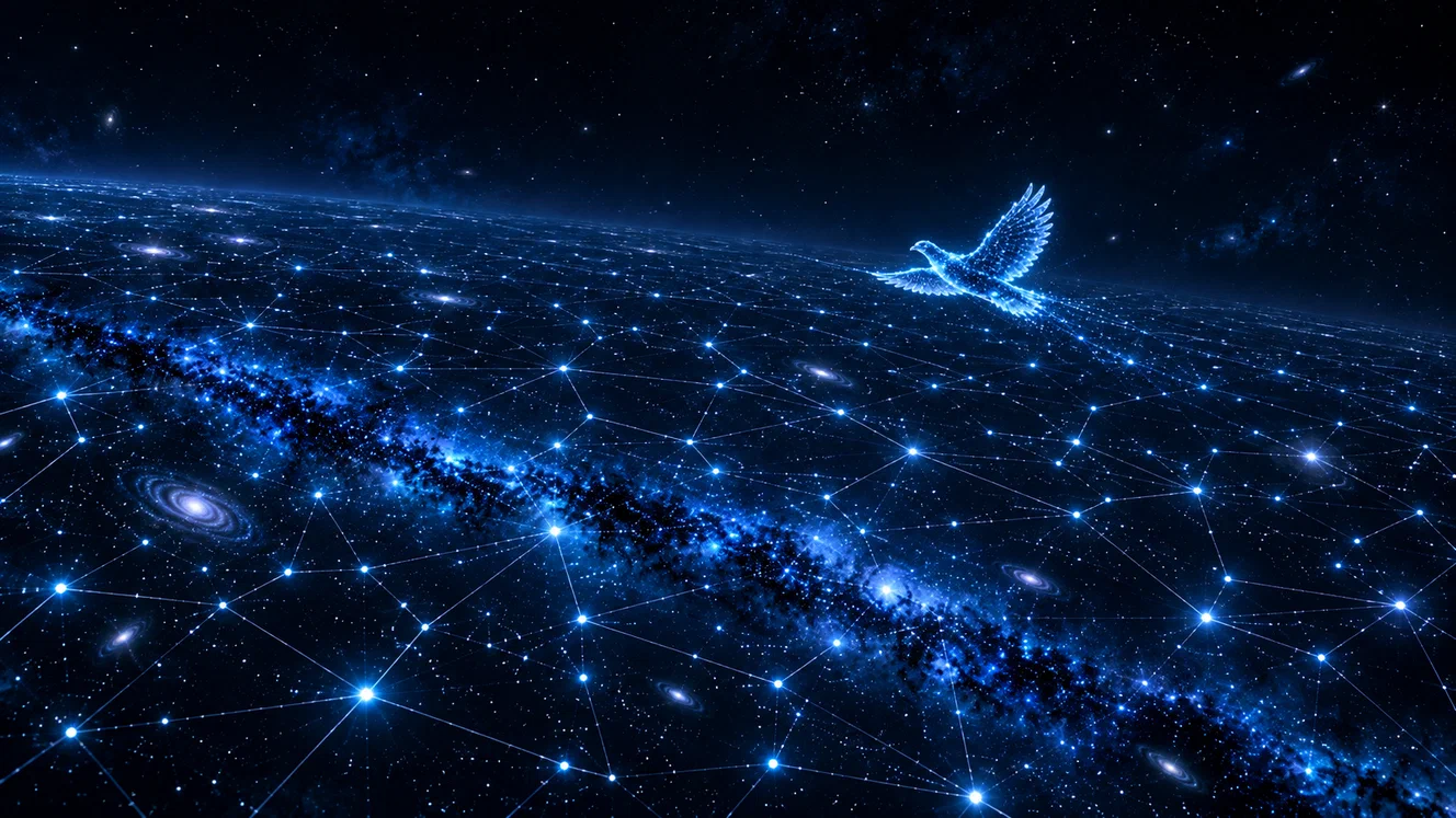 A glowing blue bird flies over a network of connected stars and galaxies.