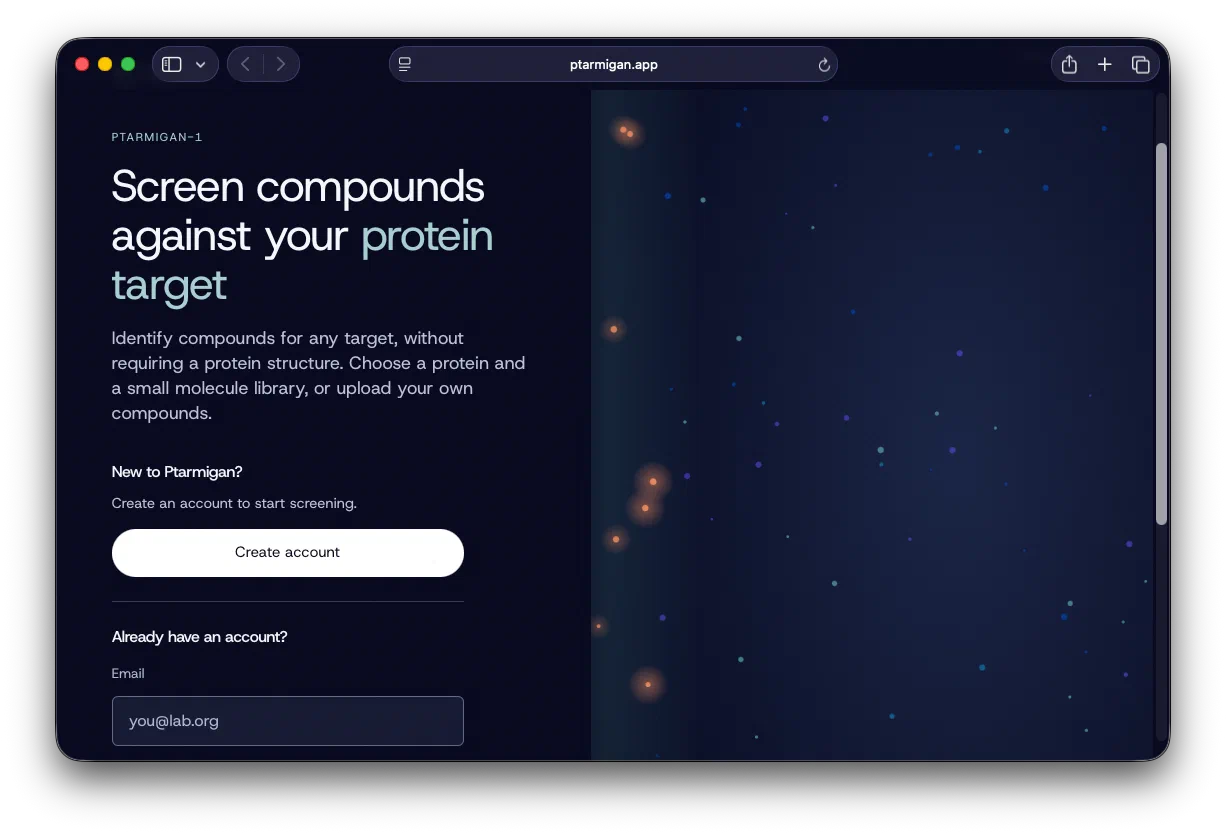 The Ptarmigan-1 portal at ptarmigan.app, with account creation and sign-in beside a field of colored points.