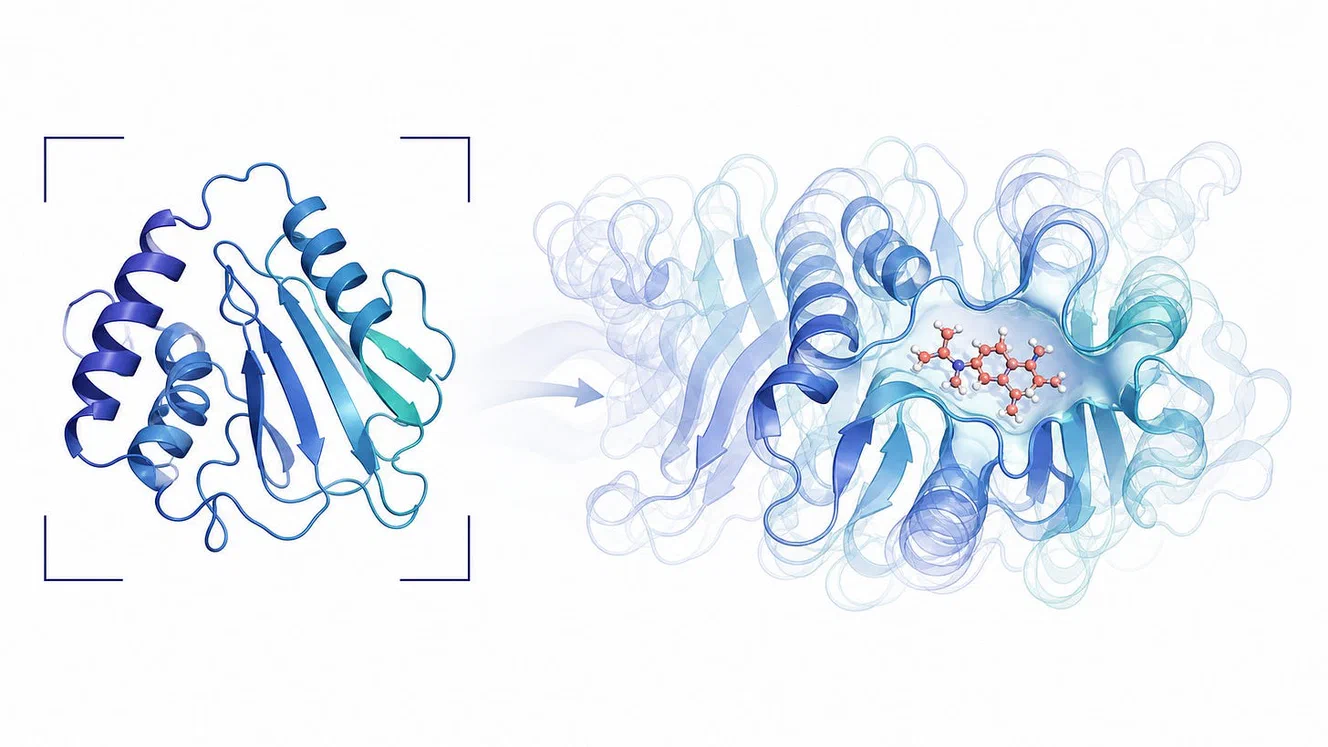 A ribbon model of a single folded protein structure inside crop marks, beside the same protein drawn as many overlapping translucent conformations at once, with a small molecule bound in a groove.