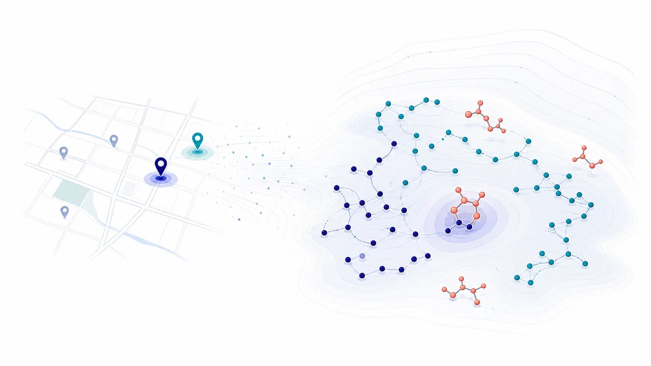 A street map with location pins beside a contoured abstract landscape where protein residues and small molecules are plotted as points, one compound sitting at the centre of a bright basin.